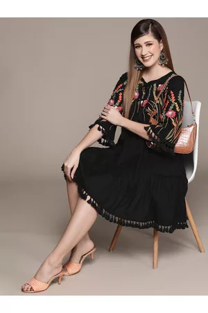 Ishin Women Floral Embroidered Tiered Fit & Flared Dress