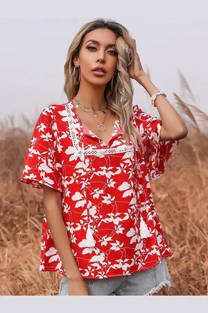 Stylecast Women Red & White Floral Print Tie-Up Neck Top