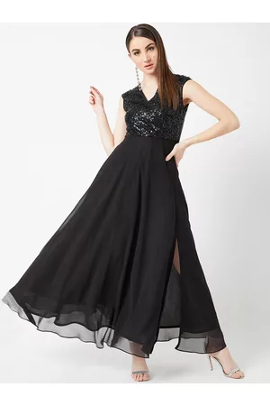 Miss Chase Women Black Sequined Georgette Maxi Dress