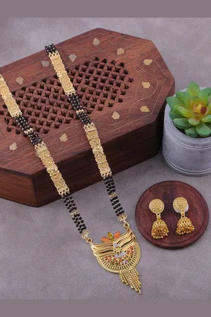 Brandsoon One gram gold plated Gold-Plated Black Beaded Mangalsutra WIth Earrings