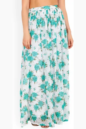 Cation Women White & Teal Green Floral Print Flared Maxi Skirt