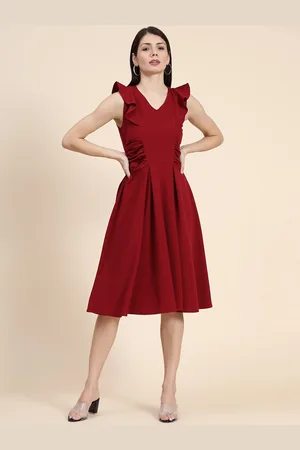 KERI PERRY Women Maroon Gathered or Pleated Fit and Flare Dress