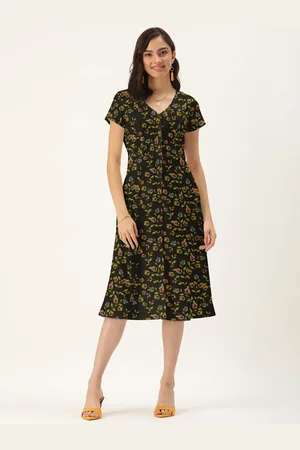DressBerry Women Black V Neck Floral A-Line Dress