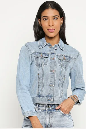 LOVEGEN Women Blue Washed Crop Denim Jacket