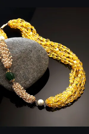 DUGRISTYLE Gold-Plated & Yellow Copper Pearls & Faux Emerald Layered Necklace