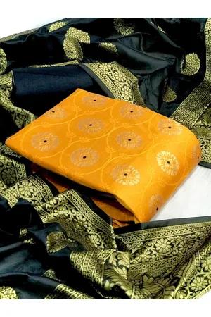 MORLY Yellow & Black Dupion Silk Unstitched Dress Material