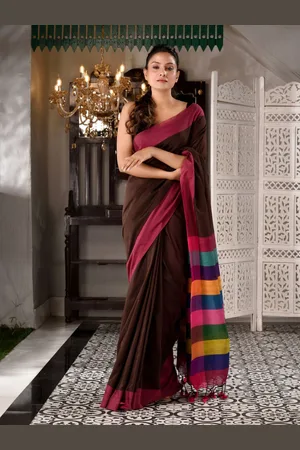 Charukriti Brown & Pink Striped Pure Cotton Saree