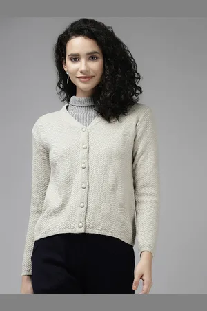 Cayman Women Beige Chevron Cable Knit Wool Cardigan