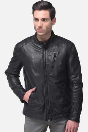 Woods Men Black Leather Water Resistant Longline Biker Jacket