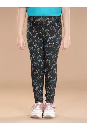 StyleStone Girls Black & Pink Floral Printed Cotton Jeggings