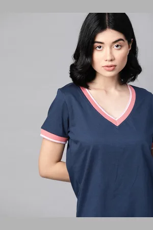 HARVARD Women Navy Blue V-Neck T-shirt