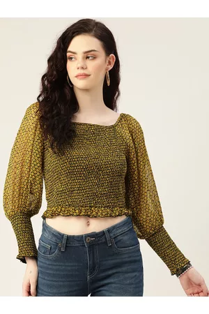 Antheaa Black & Mustard Printed Smocked Chiffon Crop Top