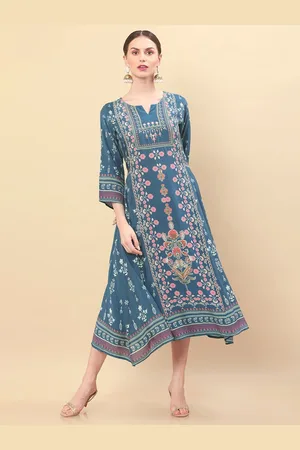 Soch Turquoise Teal Green Ethnic Motifs Crepe Ethnic A-Line Midi Dress