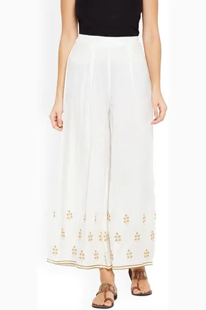BE INDI Women Off White & Gold-Toned Embroidered Flared Palazzos