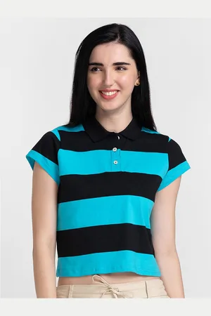 Globus Women Blue Striped Polo Collar T-shirt