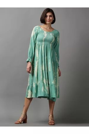 SHOWOFF Women Floral Printed Tie and Dye Smocked Cotton Maxi Dress