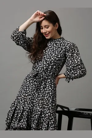 SHOWOFF Women Black & White Floral A-Line Midi Dress