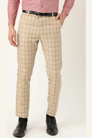 SOJANYA Men Beige & Mustard Yellow Smart Regular Fit Checked Formal Trousers