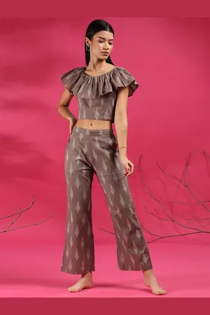 JISORA Women Brown & Grey Printed Pure Cotton Crop Top & Trouser Co-Ord Set