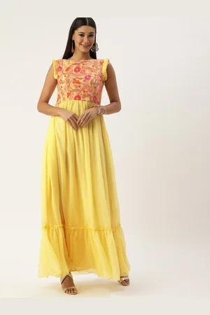 Ethnovog Yellow Floral Embroidered Georgette Maxi Dress