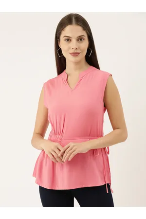 The Dry State Women Pink Mandarin Collar Cinched Waist Top
