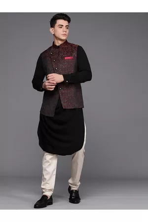 Manyavar Men Black Solid Pleated Kurta with Pyjamas & Ethnic Motifs Printed Nehru Jacket