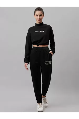Laabha Women Black Solid Stylish Tracksuit with Applique Detail