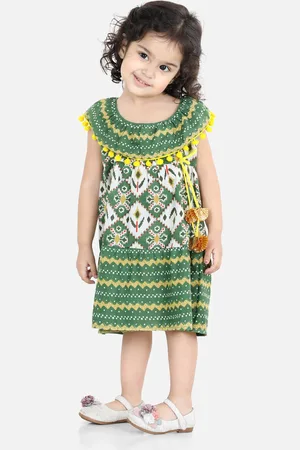 BownBee Girls Green Geometric Printed Cotton A-Line Dress