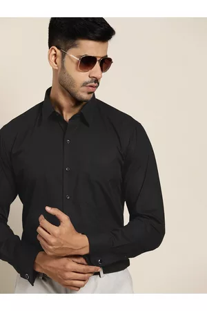HANCOCK Men Black Solid Slim Fit French Cuff Pure Cotton Formal Shirt