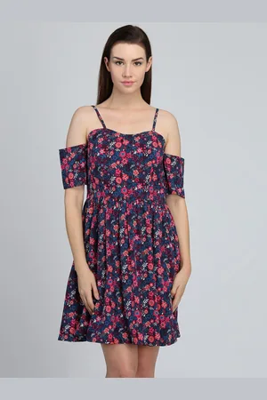 DODO & MOA Women Coral & Navy Blue Floral Crepe A-Line Dress