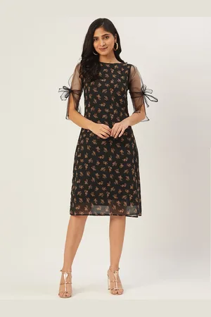 DODO & MOA Women Black & Beige Floral Printed A-Line Midi Dress