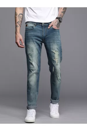 WROGN Men Blue Straight Fit Highly Distressed Heavy Fade Stretchable Jeans