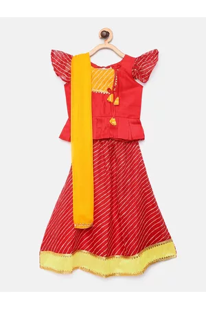 BownBee Girls Red & White Striped Ready to Wear Lehenga & Blouse with Dupatta