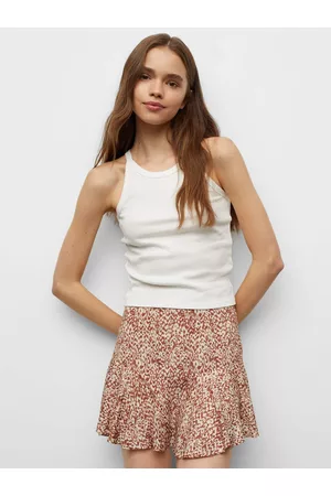 MANGO Girls Rust & Beige Abstract Print Mini Flared Sustainable Skirt