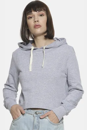 Campus Women Grey Hooded Crop Sweatshirt