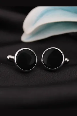 Kavove Men Black & Silver-Toned Metal Round Cufflinks