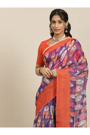 Mitera Violet & Orange Floral Linen Blend Block Print Saree