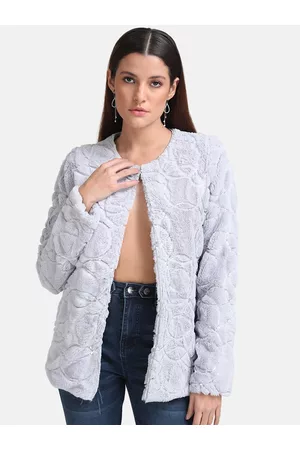 Kazo Women Grey Sequin Fur Open Front Jacket