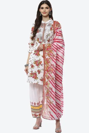 Biba Women White Floral Printed Kurta with Salwar & With Dupatta