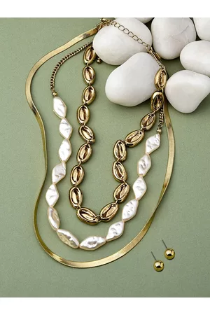 Ami Women Gold-Toned & White Classy Cowrie Sell & Pearls Contemporary Layered Necklace