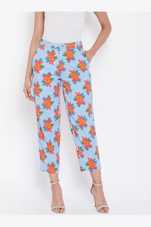 DODO & MOA Women Blue & Pink Regular Fit Printed Cropped Regular Trousers