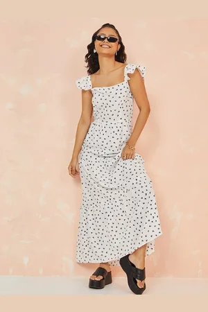 Styli White Conversational Print Square Neck Sleeveless Tiered Maxi Dress