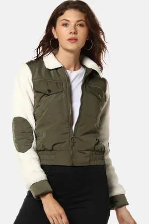 Campus Women Olive Green Solid Windcheater Bomber Jacket