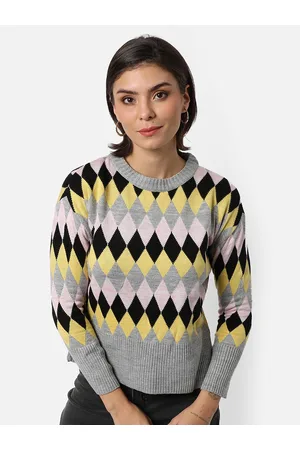 Campus Women Grey & Yellow Regular Fit Pullover Sweater