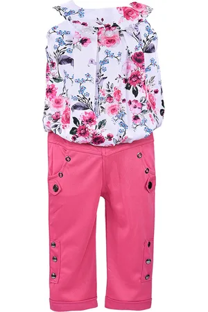 Wish Karo Girls Pink & White Floral Printed Top with Trouser