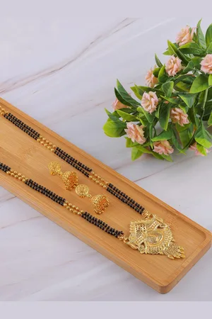 Brandsoon Gold-Plated & Black Beaded Traditional Mangalsutra With Earrings