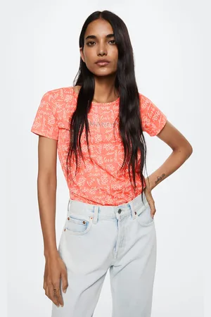 MANGO Women Peach-Coloured & Off White Printed Pure Cotton T-shirt