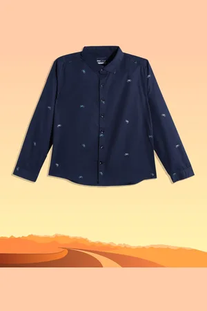 M&H Boys Navy Blue & White Ditsy Conversational Printed Cotton Casual Shirt