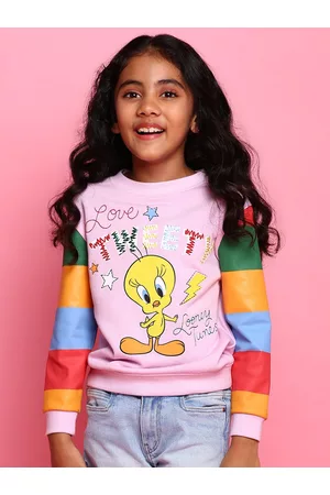 BONKIDS Girls Pink Tweety Printed Cotton Sweatshirt