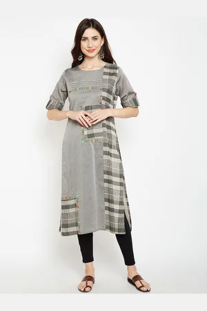 BE INDI Women Grey Printed & Thread Work Cotton Kurta